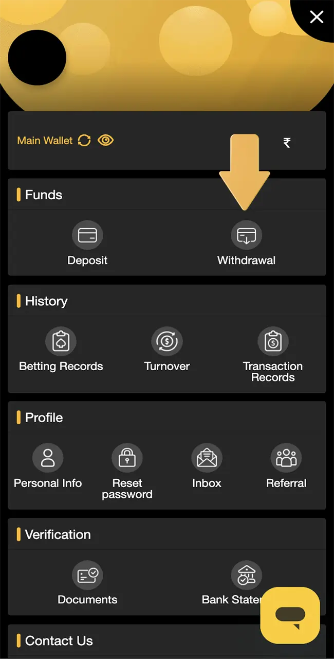Go to the withdrawal section by clicking the corresponding button in the menu.
