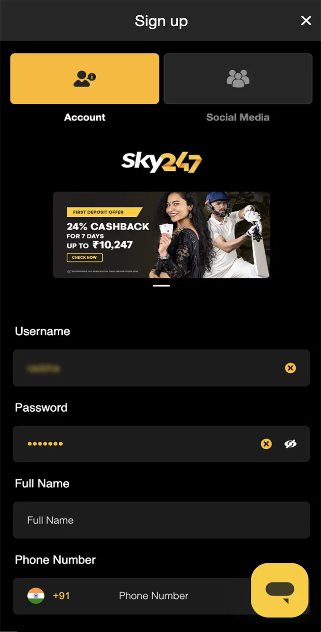 Double-check that your username and password are typed correctly to ensure a fast registration process with Sky247.