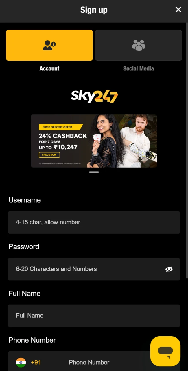 Create your Sky247 account using either your email address or WhatsApp ID.