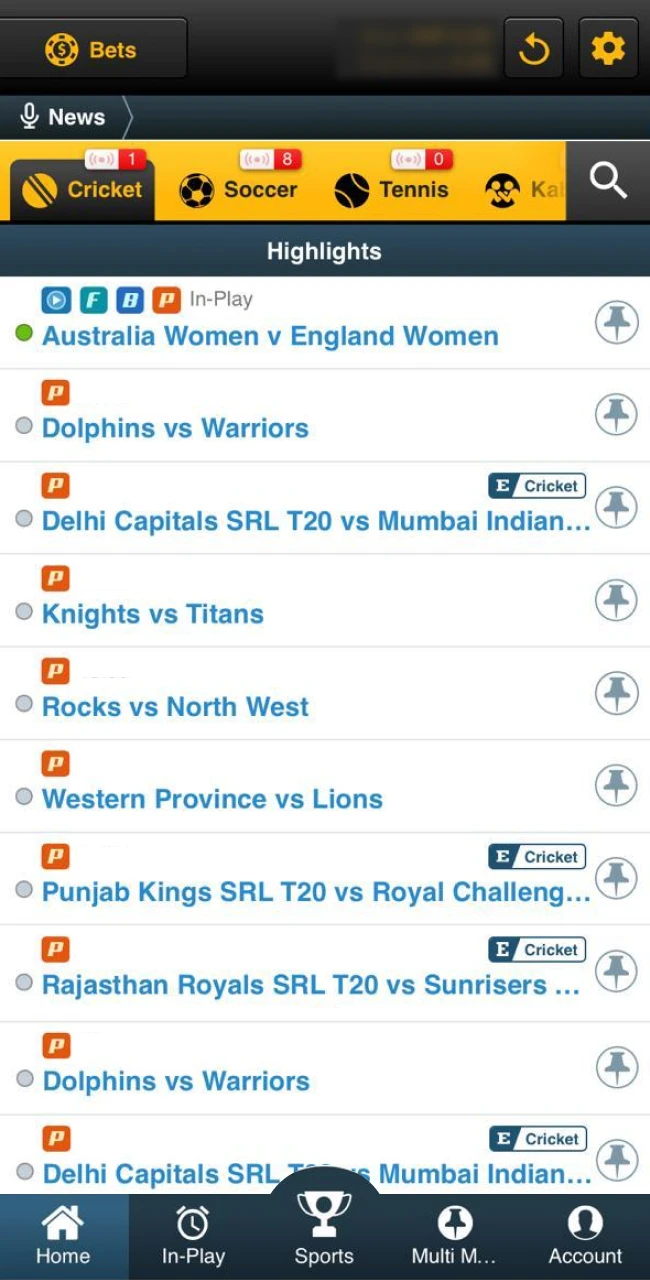 Explore a vast array of markets and sporting events in the Sky247 sports section.