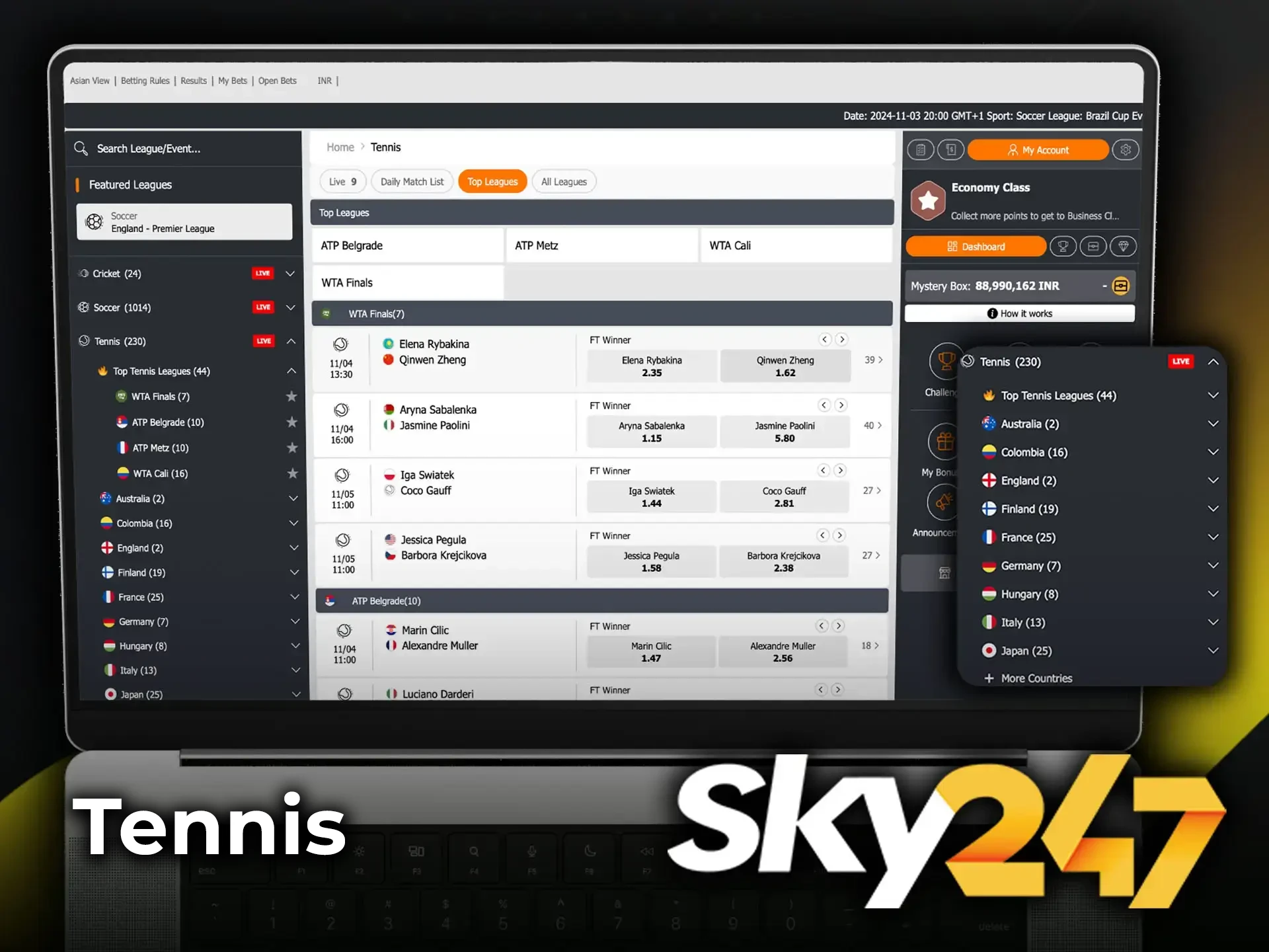 Follow the world's elite tennis stars and place your bets on the outcomes at Sky247.