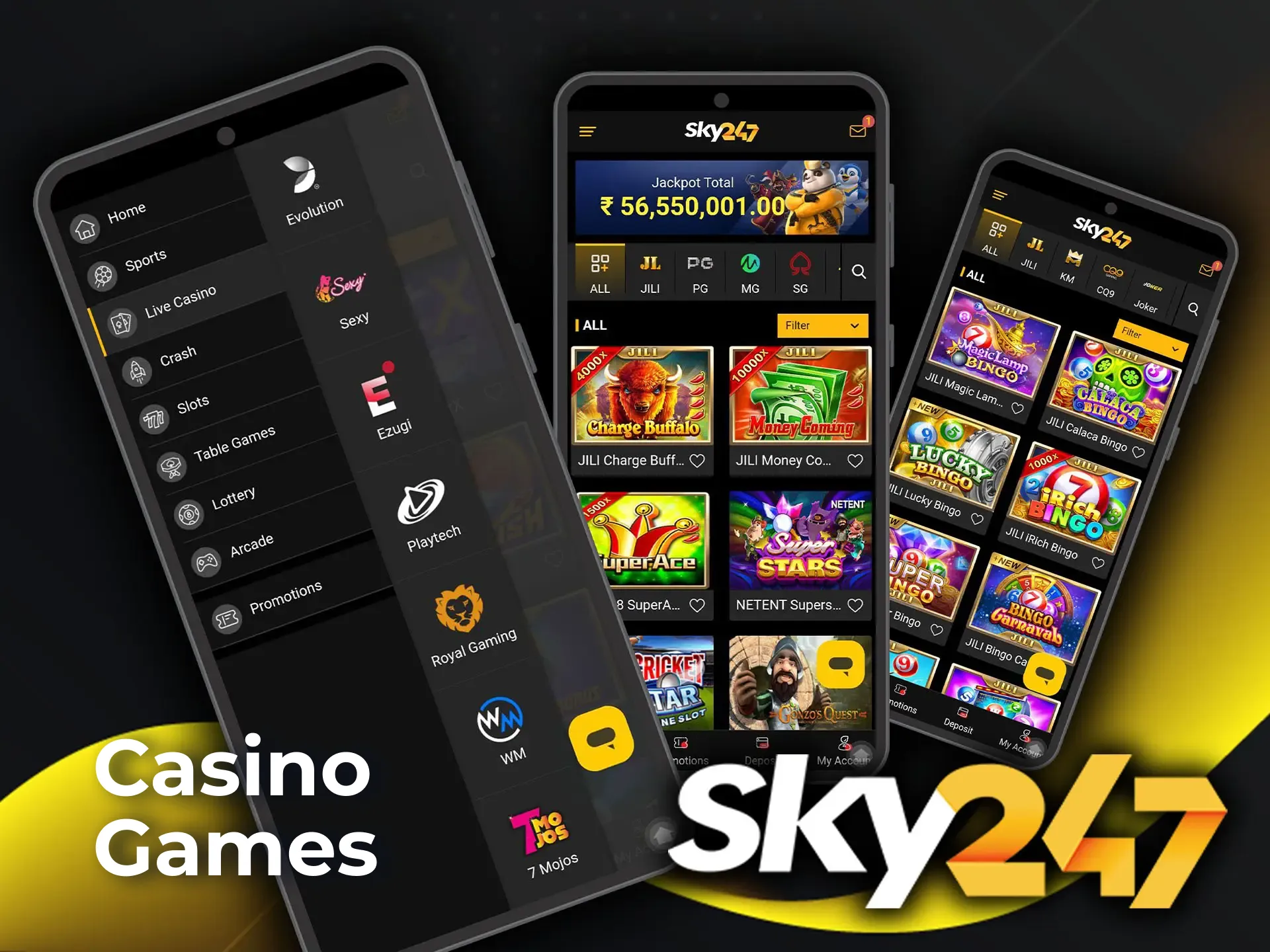 Put your luck to the test with the premium selection of games in the Sky247 app.