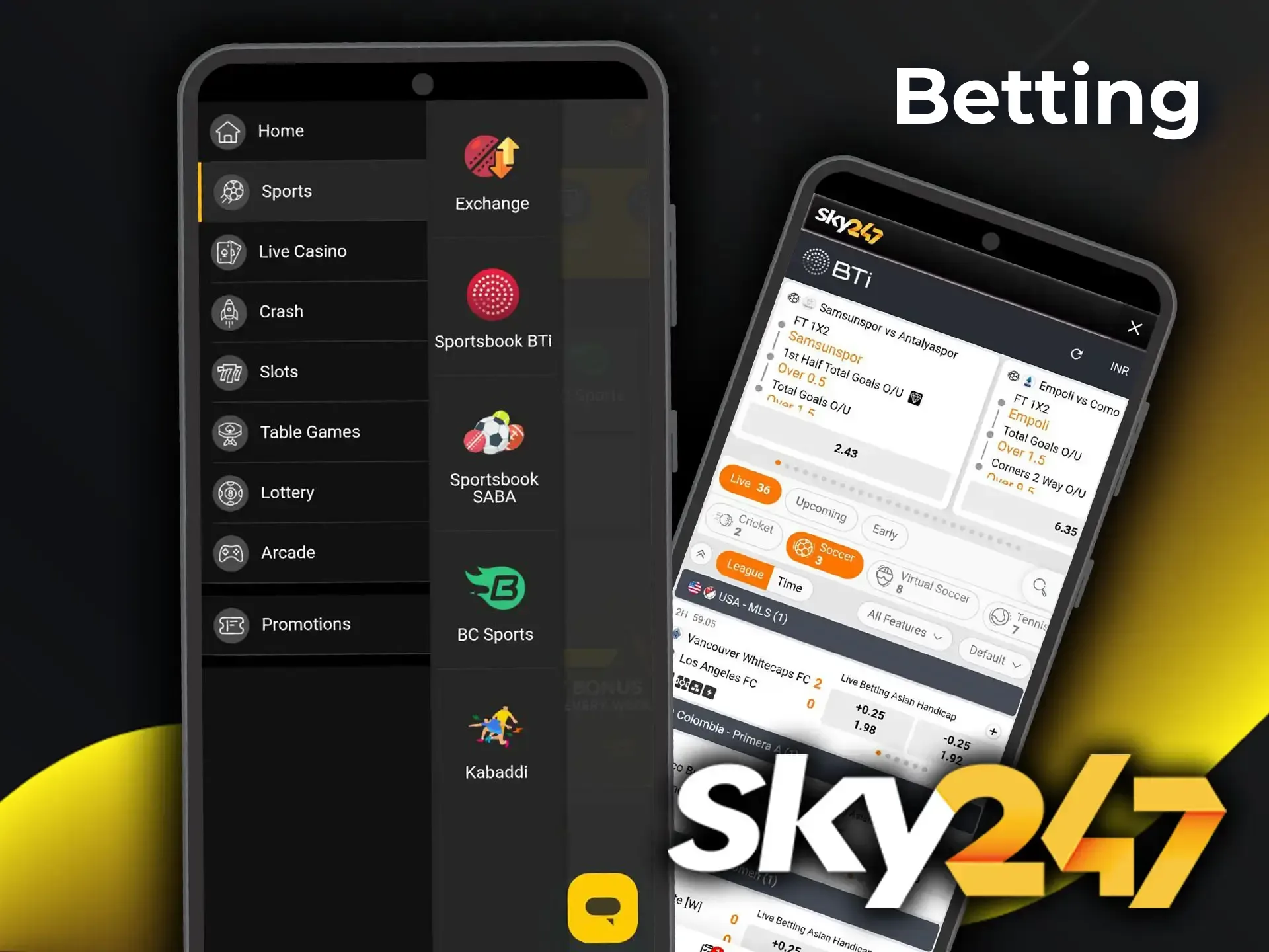 Browse the full list of available sports disciplines within the Sky247 app.